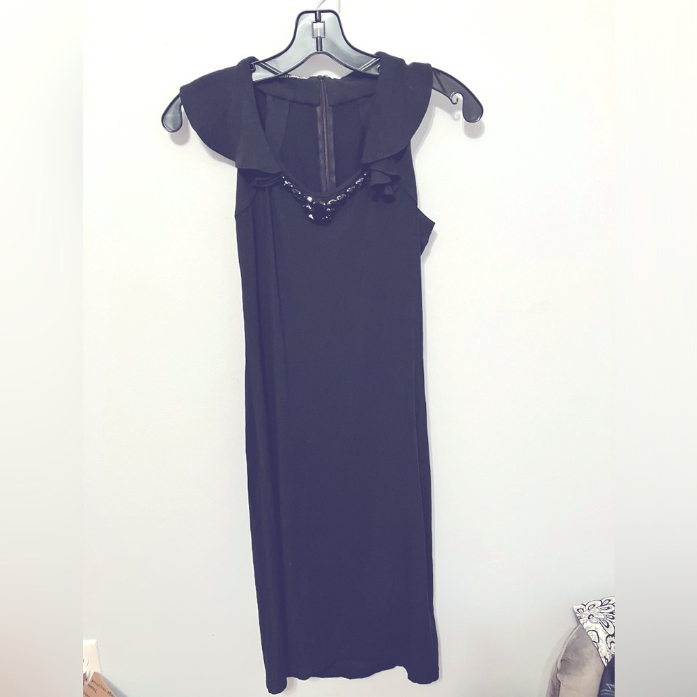 Charles Chang-Lima black dress jeweled neckline flutter sleeves Sz 2